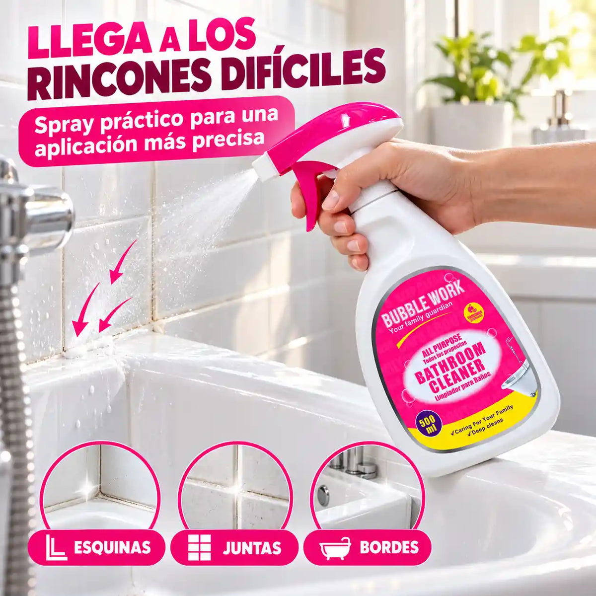 Deja tu baño brillando como nuevo en minutos, sin tallar hasta que te duelan los brazos